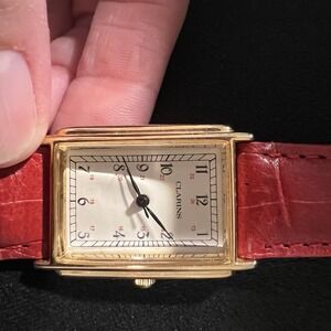 Q52 Clarins Tank VTG Gold Tone w/ White Dial Watch Red Leather Band Untested***